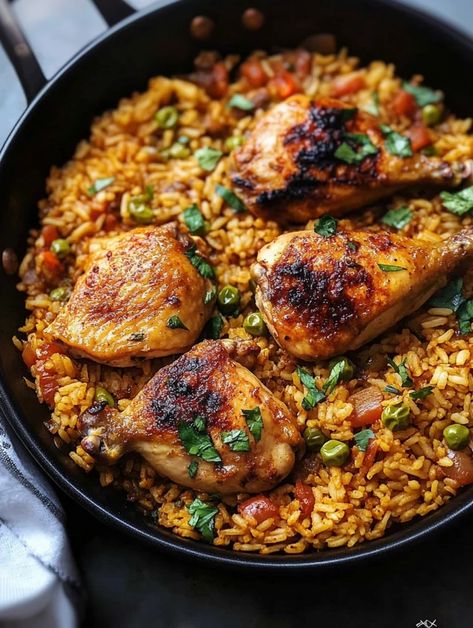 One Pan Spanish Chicken and Rice - Gourmet Martha Roasted Chicken And Rice, Chicken Spanish Rice, Spanish Chicken And Rice, Roast Chicken And Rice, Spanish Chicken, Savory Rice, Spanish Recipes, One Pan Chicken, Spanish Cuisine