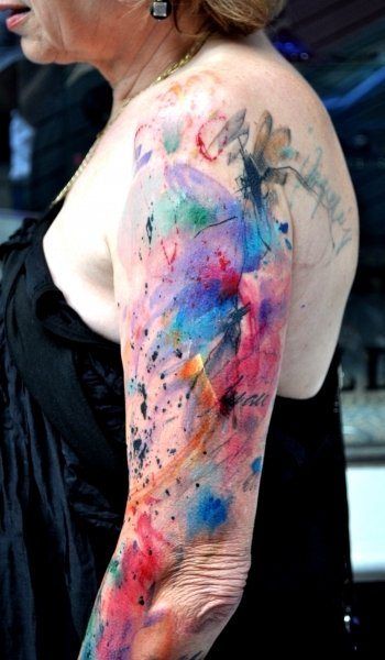 Musa creates interesting art in many mediums including this sleeve tattoo. #InkedMagazine #watercolor #abstract #tattoo #tattoos #Inked #Ink Watercolor Tattoo Sleeve, Sleeve Inspiration, Worlds Best Tattoos, Watercolor Tattoos, Painting Tattoo, Tattoo Magazines, Inked Magazine, Tattoo Cover-up, Sleeve Tattoos For Women