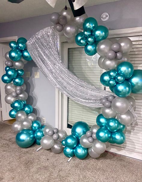 Teal And White Birthday Decorations, Teal White And Silver Party Decorations, Teal And Silver Party Decorations, Teal And Silver Wedding, Teal Party Decorations, Teal Party, Gold Birthday Party Decorations, Silver Party Decorations, Simple Birthday Decorations