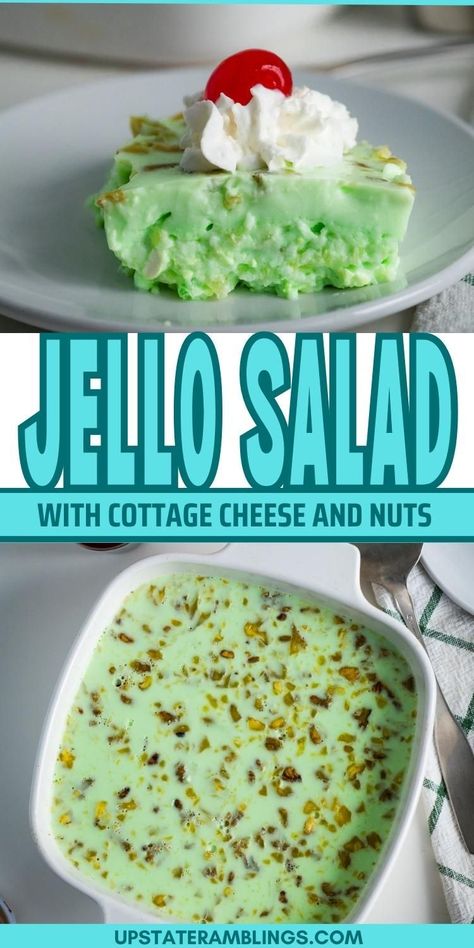 Lime Jello Salad  for old fashioned Pinterest pin. Old Jello Recipes, Lime Jello Salad Recipes Cottage Cheese, Jello Salad Mold Recipes, Cucumber Jello Salad, Lime Green Jello Salad, Lime Congealed Salad, Keto Jello Salad Recipes, Orange Cottage Cheese Jello Salad, Old Fashioned Fruit Salad