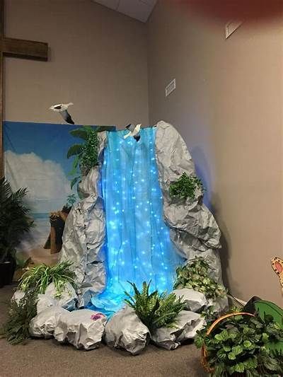 Pin on Jada Vbs Waterfall, Fake Waterfall, Enchanted Forest Prom, Waterfall Decoration, Camp Vbs, Jungle Theme Decorations, Waterfall Ideas, Diy Waterfall, Vbs Decorations