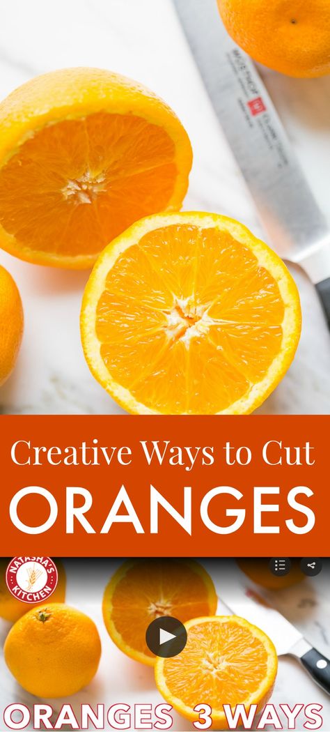 Watch this video on how to cut an orange in 3 creative ways. Oranges are perfect for decorating cakes, creating beautiful fruit platters, and in salads! | natashaskitchen.com Oranges On Fruit Platter, Citrus Fruit Platter, How To Slice Oranges For Fruit Tray, Charcuterie Board Orange Slices, Oranges On Charcuterie Board, Orange Slice Garnish, Fresh Fruit Platter Display Ideas, Charcuterie Board With Oranges, Fruit Salads For Parties Creative