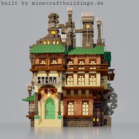 Minecraft Steampunk Starter House, Industrial House Minecraft, Steampunk Minecraft Base, Steampunk Building Minecraft, Minecraft Row Houses, Minecraft Industrial House, Minecraft Catacombs, Minecraft Factory Interior, Steam Punk Minecraft Builds