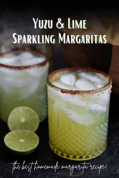 A margarita made with freshly squeezed lime juice, orange juice, and mixed with sparkling yuzu. Yuzu Margarita, Lime Juice Margarita, Sparkling Margarita, Lime Drinks, Vegetarian Enchiladas, Perfect Margarita, Lime Margarita, Food Mood, Hidden Veggies