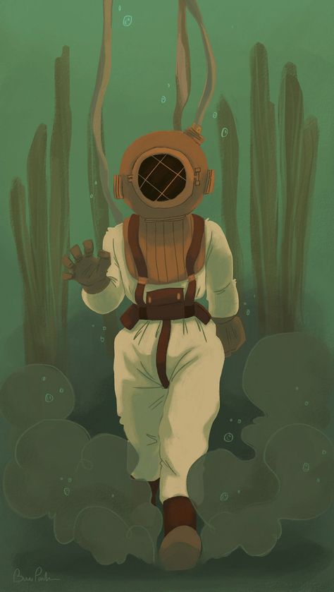 Deep Diver Art, Deep Sea Diver Illustration, Deep Sea Diver Character Design, Deep Sea Diver Drawing, Diver Character Design, Deep Sea Illustration, Diving Helmet Illustration, Diver Drawing, Scuba Diver Art