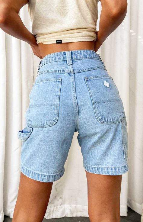 Carpenter Jean Shorts Outfit, Modest Fashion Christian, Jean Short Outfits, Carpenter Shorts, Mid Thigh Shorts, Festival Shorts, Summer Attire, Beginning Boutique, Shorts Denim