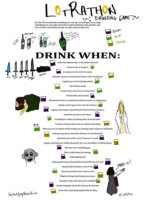 LOTR Drinking Game. You're so nice I'll pin a variation :P Lotr Drinking Game, Lord Of The Rings Drinking Game, Lotr Marathon Ideas, Lotr Party Games, Lotr Party Ideas, Lotr Feast, Lotr Food, Patio Bohemio, Lotr Marathon