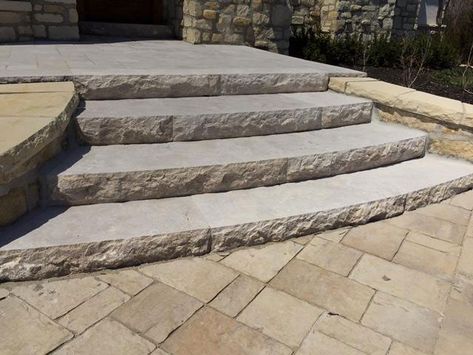 Stone Stairs Outdoor Front Porches, Sandstone Steps Entrance, Natural Stone Steps Front Door, Natural Stone Front Steps, Curved Stone Steps, Front Porch Stone Steps, Aggregate Patio, Front Porch Stone, Stone Step