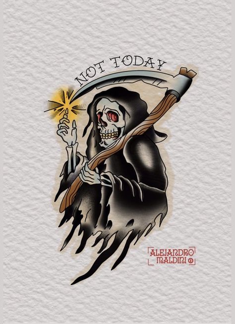 Grim Reaper American Traditional Tattoo, Trad Reaper Tattoo, American Traditional Reaper Tattoo, Traditional Grim Reaper Tattoo Designs, American Traditional Reaper, Grim Reaper Traditional Tattoo, American Traditional Grim Reaper Tattoo, American Traditional Neck Tattoo, Grim Reaper Tattoo Designs Drawings