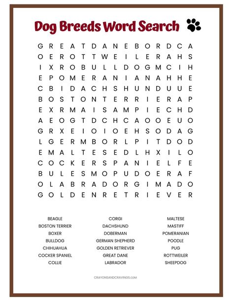 This free printable dog breeds word search has the names of 21 popular dog breeds hidden for you to find. A challenging word puzzle for kids or adults! #wordsearch Dog Puzzles Diy, Dog Printables Free For Kids, Dog Word Search, Summer Word Search Free Printable, Animal Word Search, Beach Word Search, Word Search Free Printable, Word Riddles, Easy Word Search