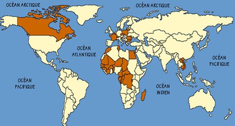 french-language-map-including-former-colonies.gif (696×375) French Websites, French Speaking Countries, Language Map, Francophone Countries, French Speaking, Time Travelers, Core French, French Class, Teaching French