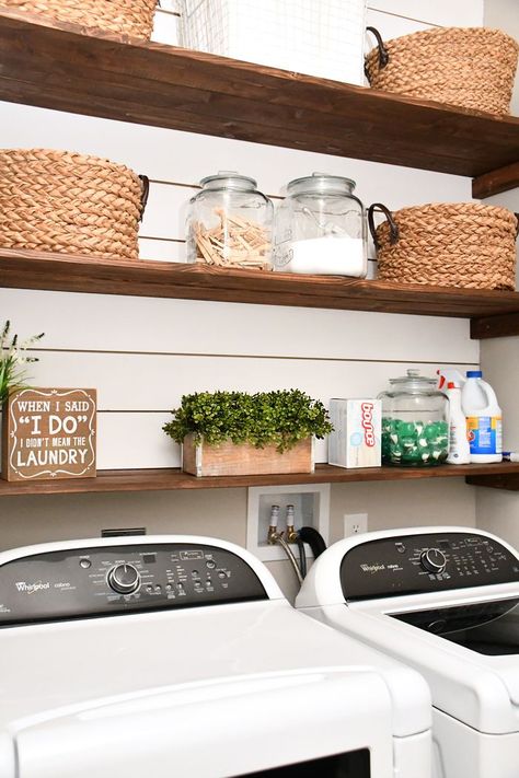 Our favorite part of the new laundry room is definitely the shiplap and shelving. It provides a lot of extra storage, plus the entire thing cost us less than $80. And it was super easy to complete! First thing we did was measure the back wall of our laundry room above the washer and dryer. … Budget Laundry Room Makeover, Laundry Room Organization Storage, Laundry Room Storage Shelves, Laundry Shelves, Diy Wood Stain, Wash Room, Small Laundry Room Organization, Diy Wood Shelves, Room Storage Diy