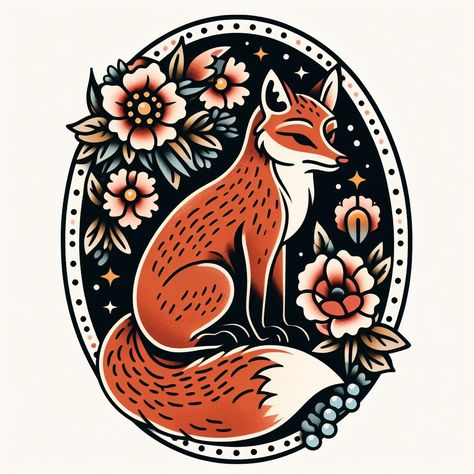 Red Fox Tattoos, Soft Tattoo, Americana Tattoo, Fox Tattoo Design, Traditional Tattoo Flowers, Framed Tattoo, Daisy Tattoo, Old School Tattoo Designs, Folk Art Flowers