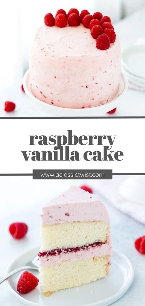 Mini Raspberry Cake, White Cake With Pink Frosting, Vanilla Raspberry Cake Recipe, Simple Cake Flavors, Raspberry Vanilla Cake, Vanilla Cake Filling Ideas, Raspberry Mousse Cake Filling, Vanilla Cake Ideas, No Frosting Cake