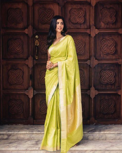 kalyani priyadarshan in lime green saree by raw mango Kalyani Priyadarshan, Cutwork Saree, Gota Patti Saree, Mirror Work Lehenga, Kora Silk Sarees, Mehendi Outfits, Anarkali Lehenga, Bollywood Lehenga, Modern Saree