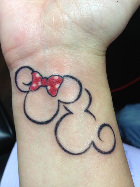 Disney tattoo - This is so cute but I'd prefer it to be a little smaller & placed somewhere else Disney Couple Tattoos, Mickey And Minnie Tattoos, Minnie Tattoo, 27 Tattoo, Mickey Tattoo, Mickey Mouse Tattoo, Couple Tattoos Unique Meaningful, Couples Tattoo, Tattoos Infinity