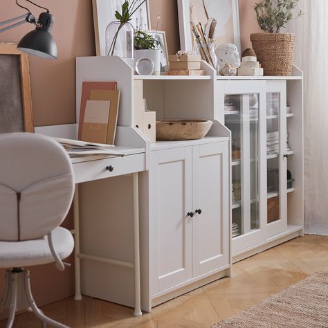 HAUGA Cabinet with 2 doors, white, 27 1/2x45 5/8 " - IKEA Plastic Edging, Glass Cabinet Doors, Ikea Family, White Desks, Under The Table, Painted Doors, Hidden Storage, Cabinet Furniture, Swivel Chair