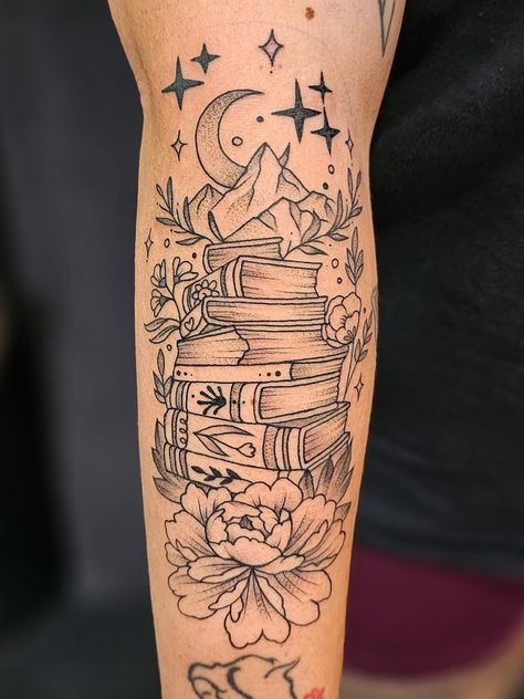 Book Lover Half Sleeve Tattoo, Literature Sleeve Tattoo, Book Lover Tattoo Ideas For Women, Audio Book Tattoo, Gothic Book Tattoo Ideas, Fairytale Book Tattoo, Book Tattoo Ideas Sleeve, Dragon Book Tattoo For Women, Traditional Style Book Tattoo