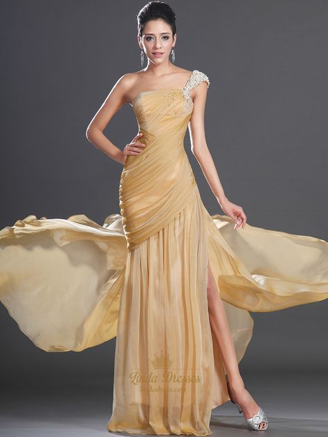 Gold Ball Dresses, One Shoulder Prom Dress, Prom Dresses Yellow, Ruffle Beading, Dress With Pleats, Chiffon Evening Dresses, Chiffon Prom Dress, Mermaid Prom Dresses, Long Prom Dress