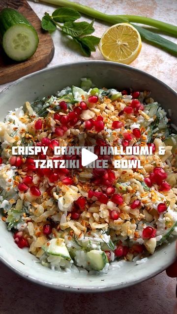 Quick, easy + simple vegetarian recipes & things on toast on Instagram: "Crispy Grated Halloumi on a Tzatziki Rice Bowl 🥒 Over 5 million views on my grated crunchy halloumi video. Crazy! Many of you wanted the recipes, so first up is this fresh, creamy rice bowl.   The crunchy halloumi pieces make the best topping for this healthy veggie meal. When grated and fried in a hot pan they pop and crisp up and make the best topping for salad bowls, pasta etc.   This makes a seriously tasty and healthy lunch or dinner, especially in spring and summer.   I’ve got another recipe on the way - a saucy broccoli pasta with crispy halloumi, so keep your eyes peeled if you like this one 🥦  You’ll need (serves 2): 250-300g cooked, cooled rice (150g uncooked weight, or use a pouch) 1/2 cucumber, halved le Tzatziki Rice, Grated Halloumi, Crispy Halloumi, Halloumi Recipes, Halloumi Pasta, Vegetarian Main Meals, Veggie Salad Recipes, Veggie Meal, Halloumi Salad