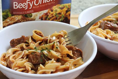 Try this Easy Beef and Noodles Recipe that is Perfect for for a Simple and Delicious Family Meal - Made with LIpton Beefy Onion Soup Mix Beef Stew With Lipton Onion Soup, Lipton Soup Recipes, Beef Stroganoff Lipton Onion Soup, Lipton Beefy Onion Soup Mix Recipes, Beefy Onion Soup Mix Recipes, Easy Beef And Noodles, Easy Mini Meatloaf Recipe, Easy Beef And Noodles Recipe, Beefy Onion Soup