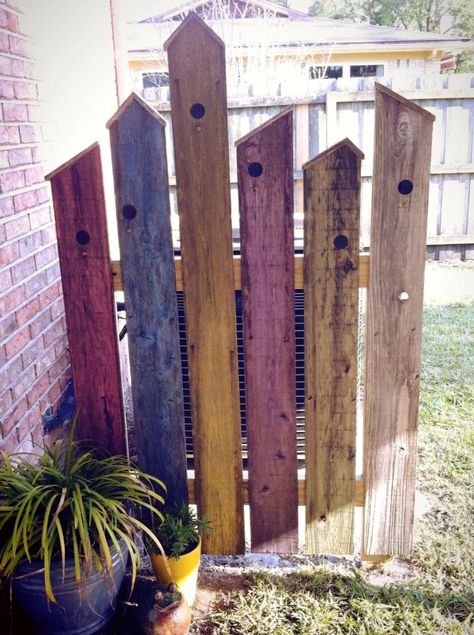 Bird House fence - made from recycled slats from our privacy fence. Stained with watered down paint so you can see the wood grain through it. Left Over Fence Wood, Recycled Fence Boards, Backyard Privacy Ideas, Diy Privacy Fence, Privacy Ideas, House Fence, Fence Wood, Fence Stain, Pallet Fence