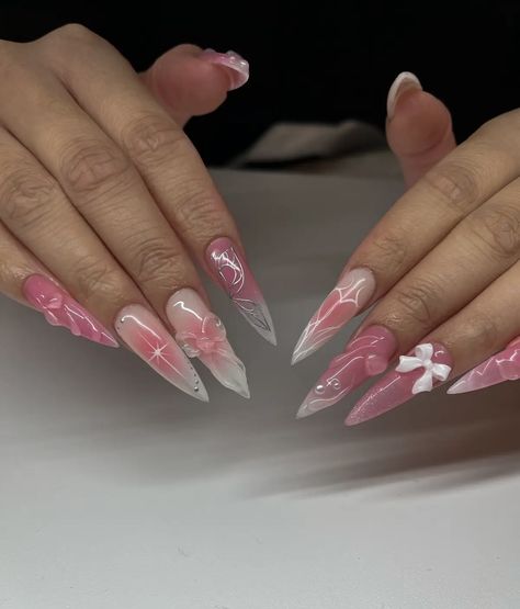 Long Almond Nails Designs Ideas, Pink Nail Designs Stiletto, Pink Stilletos Nails, Stiletto Acrylic Nails Designs, Baby Pink Nails With Design, Stilleto Nails Designs, Baby Pink Nails, Hello Nails, Diy Acrylic Nails