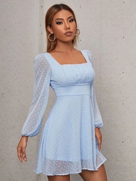 SHEIN Ruched Bust Lantern Sleeve Swiss Dot Dress | SHEIN USA Light Blue Dress Short, Blue Dress Outfits, Swiss Dot Dress, Baby Blue Dresses, Blue Dress Short, Marine Uniform, Striped Tunic Dress, Light Blue Dresses, Lace Overlay Dress