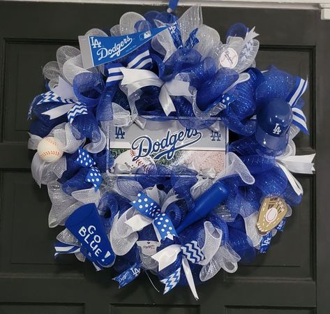 Deco Mesh Dodgers front door or interior Wreath. #ladodgers #ladodgersbaseball #Dodgers #dodgersbaseball #baseballwreath SandyMade La Dodgers Wreath, Dodgers Wreath, Interior Wreath, Baseball Wreath, Baseball Wreaths, La Dodgers Baseball, Floral Wreaths, Dodgers Baseball, Mesh Wreath