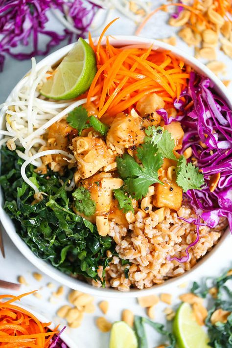 Thai Chicken Buddha Bowls - Damn Delicious Chicken Buddha Bowl, Thai Peanut Chicken, Spicy Peanut Sauce, Thai Peanut, Peanut Chicken, Buddha Bowls, Healthy Grains, Thai Chicken, Cheese Salad