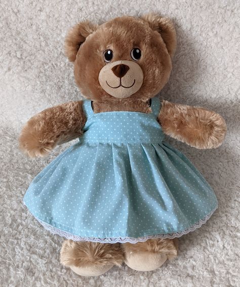 Brand new handmade Cotton Pale Teal and white Polka Dot Spotty Strappy Summer Dress with white lace trim to fit 15 inch bear.  Fastens at back with Velcro. Suitable for 15 inch (40 cms) Build a Bear or Bear Factory type bears. (Bear not included). Bear Dress, Pink Gingham Dress, Teddy Bear Clothes, Real Christmas, Cute Fit, Build A Bear, Bear Toy, Stuffed Toy, Crochet Gifts