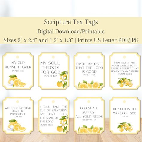 "Welcome! This listing is for these beautiful, lemon scripture tea tags that you can easily download and print from the comfort of your own home. These tags feature beautiful words about Christ and come in a variety of colors to add a cheerful touch to your teatime. Perfect for a special occasion or for everyday use, these tea tags make a wonderful addition to any kitchen. They also make great gifts for friends and family who appreciate the beauty of the Word of God. Thank you for considering this product! **No physical item will be shipped** This item is available for you to instantly download after purchasing.  What you receive: * 2 high quality PDF files, with a spot to hole punch and without. *2 Zipped (300 dpi) JPG files -If you are unable to unzip the files message me and I can send Scripture Tea Tags, Tea Bag Tags, Scripture Tea, Tea Tag, Retreat Gifts, Women's Retreat, Scripture Gift, Church Gifts, Tea Party Theme