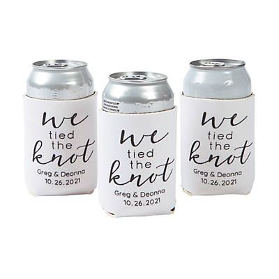 Personalized We Tied The Knot Can Coolers | Oriental Trading Funny Wedding Signs, We Tied The Knot, Wedding Reception Favors, Tie The Knot Wedding, Cute Quote, Wedding Koozies, Moon Wedding, Goody Bags, Funny Wedding