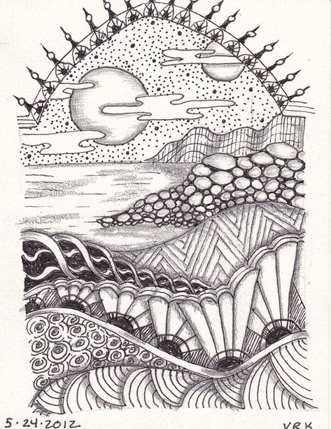 0004 by val71655, via Flickr AMAZING lesson idea, simple landscape filled with zentangle patterns Patterns Doodle, Zantangle Art, Arte Doodle, Zen Tangles, Tangle Doodle, Zentangle Designs, Tangle Art, Tangle Patterns, Art Patterns