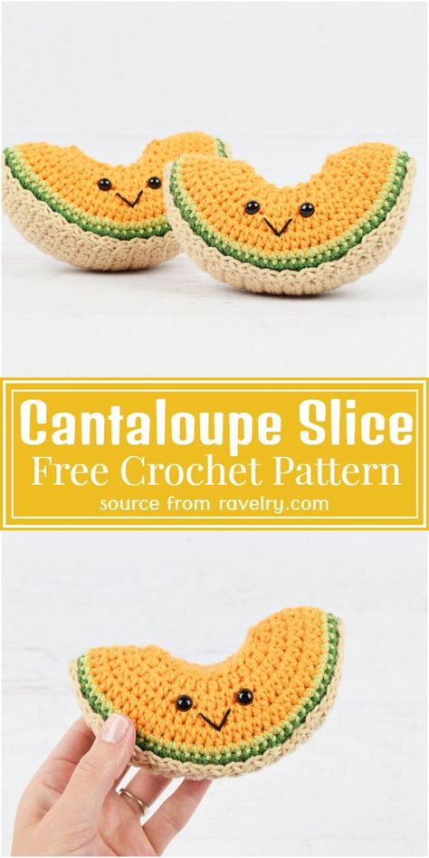 Free Crochet Cantaloupe Slice Pattern #freecrochetpattern #crochetslice #freecrochetslice #freecrochetslicepattern Crochet Duck With Frog Floatie, Crochet Coconut Pattern, Crochet Patterns Fruit, Free Amigurumi Food Patterns, Free Fruit Crochet Pattern, Crochet Fruits Free Pattern, Free Food Amigurumi Patterns, Crochet Fruit Slices, Crochet Play Food Free Pattern Kids