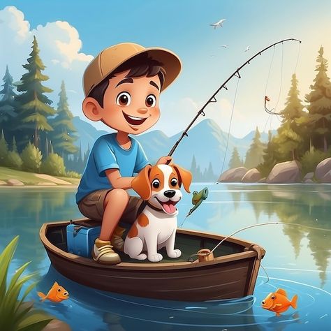 Fishing Illustration, Fishing Party, Boy Fishing, Fish Illustration, Logo Psd, Happy Boy, Cartoon Boy, Deadpool Wolverine, Autumn Beauty