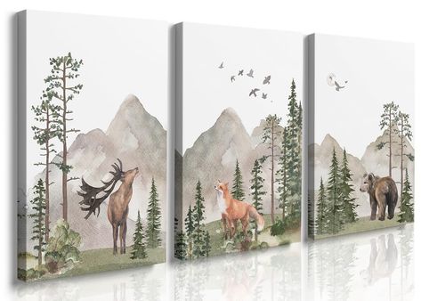 PRICES MAY VARY. [Inspiration] - This woodland nursery decor animal print canvas is 12Wx16H inches x3 PCS, use this cute animal wall art set to teach little ones their second words,as first word is dad mom, help them learn and recognize animals, colors and instill core values or spirits. Our boho neutral wall art prints are just too cute to resist ! [Feature] This forest woodland animal bathroom wall decorations is framed canvas nursery room decor are printed by professionals artist; High qualit Forest Nursery Wall, Boy Baby Nursery, Woodland Nursery Wall, Forest Nursery Decor, Woodland Animal Wall Art, Fox Watercolor, Forest Wall Decor, Woodland Nursery Wall Art, Watercolor Woodland