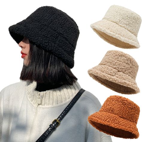 Winter Warm Bucket Hats Lamb Wool Faux Fur Fisherman Caps Women Thicken Plush Hats Outdoor Keep Warm