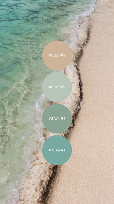 Beach days are forever with this palette of seafoam, light teal, turquoise and sand. Try it in the bathroom, home office, sunroom, master bedroom / bathroom, guest room, or at the cottage. #colourpalette #colorpalette #colour #color #palette #beach #sand #teal #turquoise #seafoam Office Sunroom, Bedroom Palette, Beach Color Palettes, Breeze Color, Teal Color Palette, Beachy Colors, Graphisches Design, House Color Palettes, Color Schemes Colour Palettes