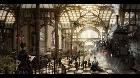 Steampunk World Victorian Train Station, Victorian Train, Photoshop Program, Steampunk City, Fantasy Village, Steampunk Airship, Steampunk Tendencies, Architecture Sketchbook, Cosmic Horror