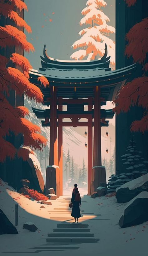 Delight in this charming, simple illustration of a lone wanderer journeying towards a Torii Gate along a wintry woodland path. Embrace the tranquil fusion of Japanese culture, and nature's quiet beauty amidst a serene, snowy landscape. #Winter #Nature #Japan #Woods Japanese Architecture Drawings, Japanese Gate, Japanese Buildings, Traditional Japanese Architecture, Japanese Shrine, Africa Photography, Torii Gate, Japanese Artwork, Japanese Illustration