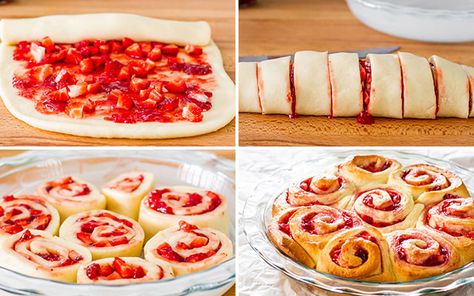 Soft Rolls Recipe, Strawberry Rolls, Strawberry Cinnamon Rolls, Cinnamon Roll Monkey Bread, Cinnamon Roll Cheesecake, Cinnamon Roll Waffles, Strawberry Cream Cheese Frosting, Sweet Roll Recipe, Cream Cheese Rolls