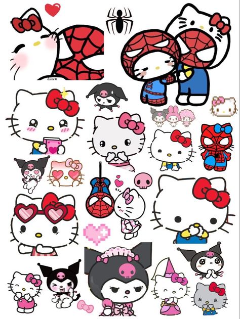 Hello Kitty Doodles, Spider Man Hello Kitty, Hello Kitty Pixel Art, Hello Kitty And Spiderman, Tatuaje Hello Kitty, Stickers Hello Kitty, Hello Kitty Stickers, Spiderman Stickers, Images Hello Kitty