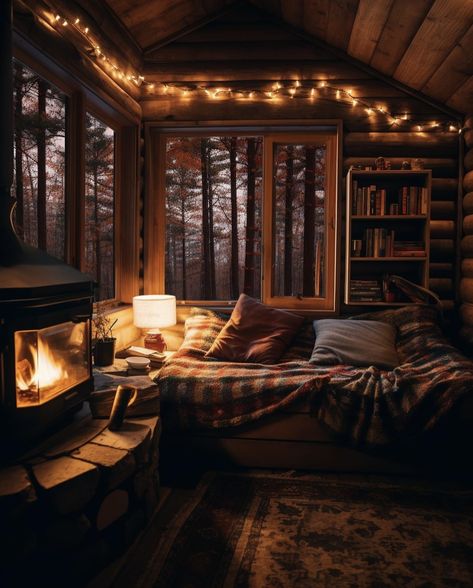 Fall Cabins In The Woods, Creepy Cozy Aesthetic, Cozy Big House, Fall Cabin Aesthetic, Cabin Aesthetic Interiors, Cozy Fireplace Aesthetic, Cozy Loft Bedroom, Cabincore Aesthetic, Dark Cabin