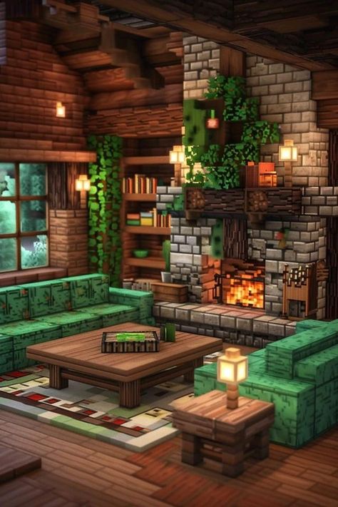 Rustic Minecraft Living Room Designs to Inspire Cabin Interior Minecraft, Interior Minecraft Design, Minecraft House Room Ideas, Minecraft Interior Ideas Living Rooms, Cute Minecraft Living Room, Minecraft Cozy Interior, House Decor Minecraft, Minecraft Room Decor Ideas, Cozy Minecraft Interior