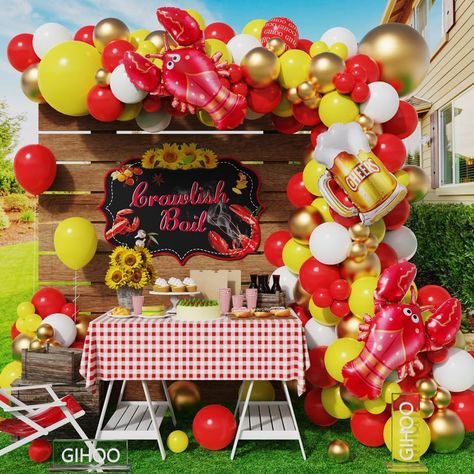 PRICES MAY VARY. Crawfish Boil Party Supplies:The Crawfish boil balloon arch kit is perfect for Crawfish theme ,Crawfish birthday party,Crayfish party,Summer outdoors party decorations. Whether you're hosting a large party or a small gathering, this value pack has got you covered- no need to break the bank on individual decorations! Premium Value Pack:The Crawfish boil balloon arch kit include 142pcs latex balloons in red yellow gold white,2pcs Crawfish foil balloon ,1pc beer foil balloon ( (mor Crawfish Boil 1st Birthday Party, Bbq Balloon Arch, Fish Fry Party Decorations, Crawfish Birthday Party, Crawfish Boil Birthday Party, Crawfish Boil Decorations, Picnic Theme Birthday, Crawfish Birthday, Crawfish Boil Party Decorations