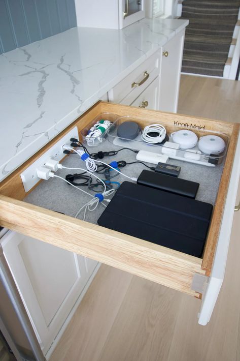 K Pod Drawer, Build Kitchen Drawers Diy, Charging Station In Cabinet, Things To Add To Your Kitchen Remodel, Charging Station In Mudroom, Kitchen Charging Drawer, Diy Kitchen Drawers How To Build, Charging Drawer Ideas, Kitchen With Only Drawers