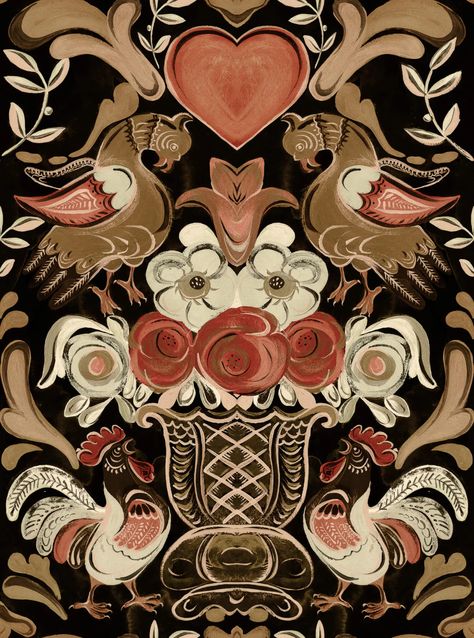 Blousy and beautiful, this exuberant folkish design brings together an imaginary golden hen with a vibrant, crowing cockerel, both of whom are paying homage to a magnificent urn bursting with impressive blooms. Inspired by traditional Tyrolean tales, this design is a celebration of a popular folk symbol depicted in gol Gold Shades, Winter Cabin, Mind The Gap, Wallpaper Direct, Pierre Frey, Modern Wallpaper, Red Hearts, Burke Decor, Beautiful Blooms