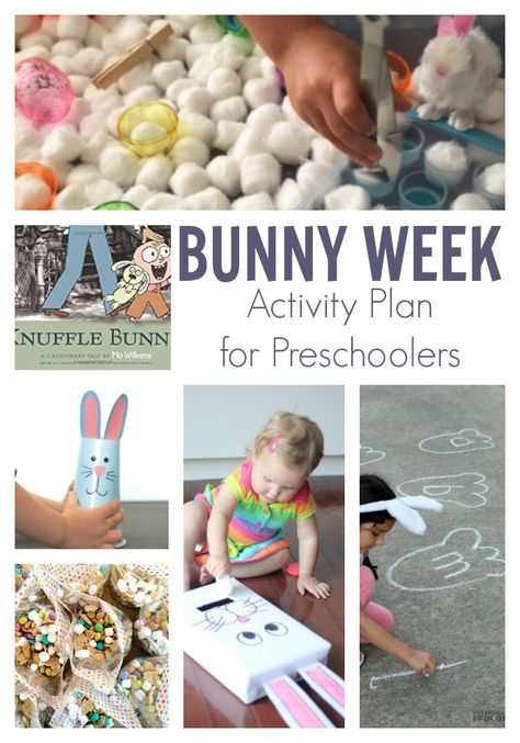 Planned week of activities for preschoolers on the theme of bunnies. Ideal for spring or Easter learning and play.  Includes 5 simple activities, plus book recommendations and more.  #preschoolathome #learningthroughplay #preschoolactivities #vbcforkids B Is For Bunny Preschool, Bunny Lesson Plans Preschool, Runaway Bunny Activities, Knuffle Bunny Activities Preschool, Bunny Activities For Toddlers, Rabbit Activities For Preschool, Knuffle Bunny Activities, Prek Storytime, Vrtic Ideje