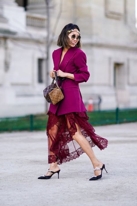 Combination Outfit Ideas, Raspberry Outfit, Combination Outfit, Lace Mesh Dress, Aimee Song, Purple Blazer, Color Combinations For Clothes, Popsugar Fashion, March 3